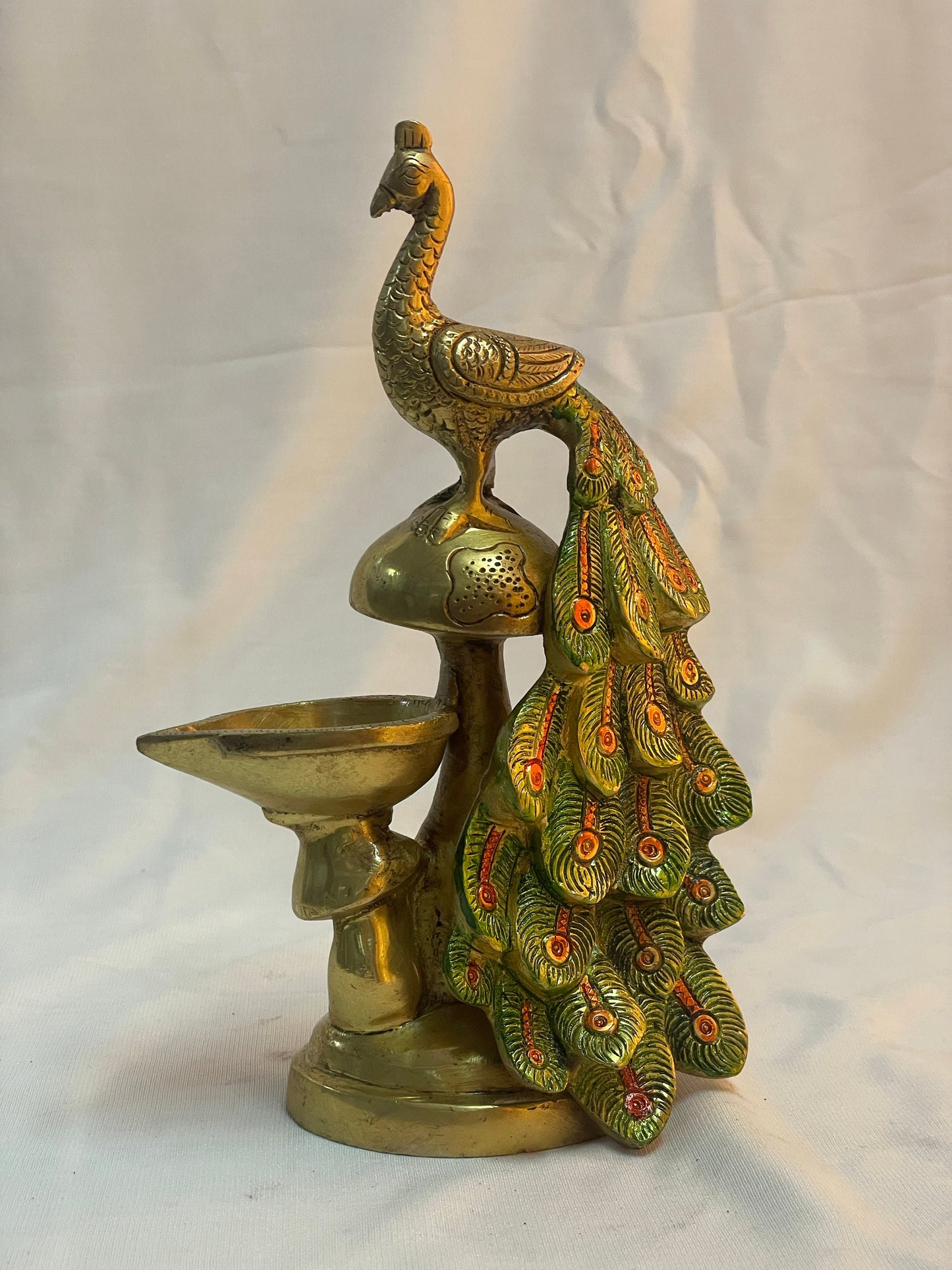 9" (set of two) Handcrafted Indian Brass Peacock Oil Lamp- Hand-painted