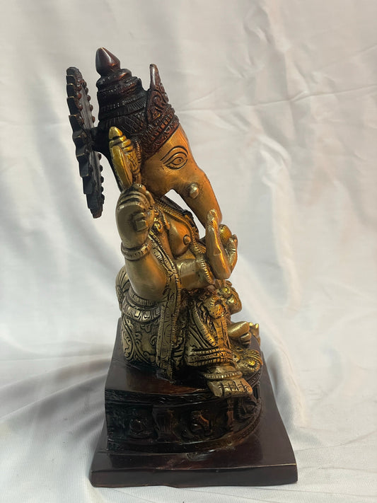 9.5" Elegant Brass Lord Ganesha Statue with Antique Finish - Traditional Hindu God Sculpture