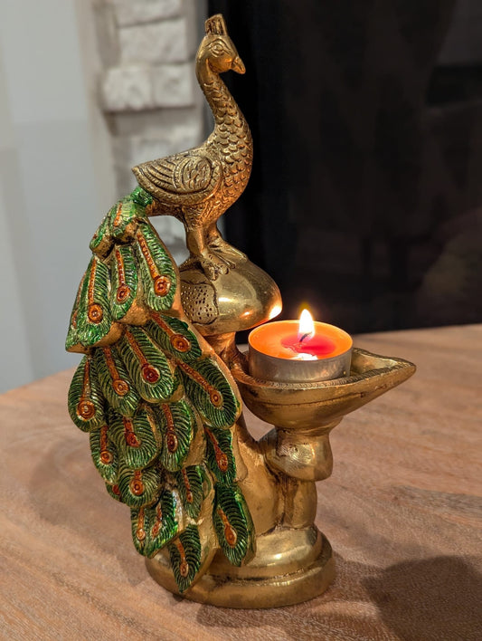 9" (set of two) Handcrafted Indian Brass Peacock Oil Lamp- Hand-painted
