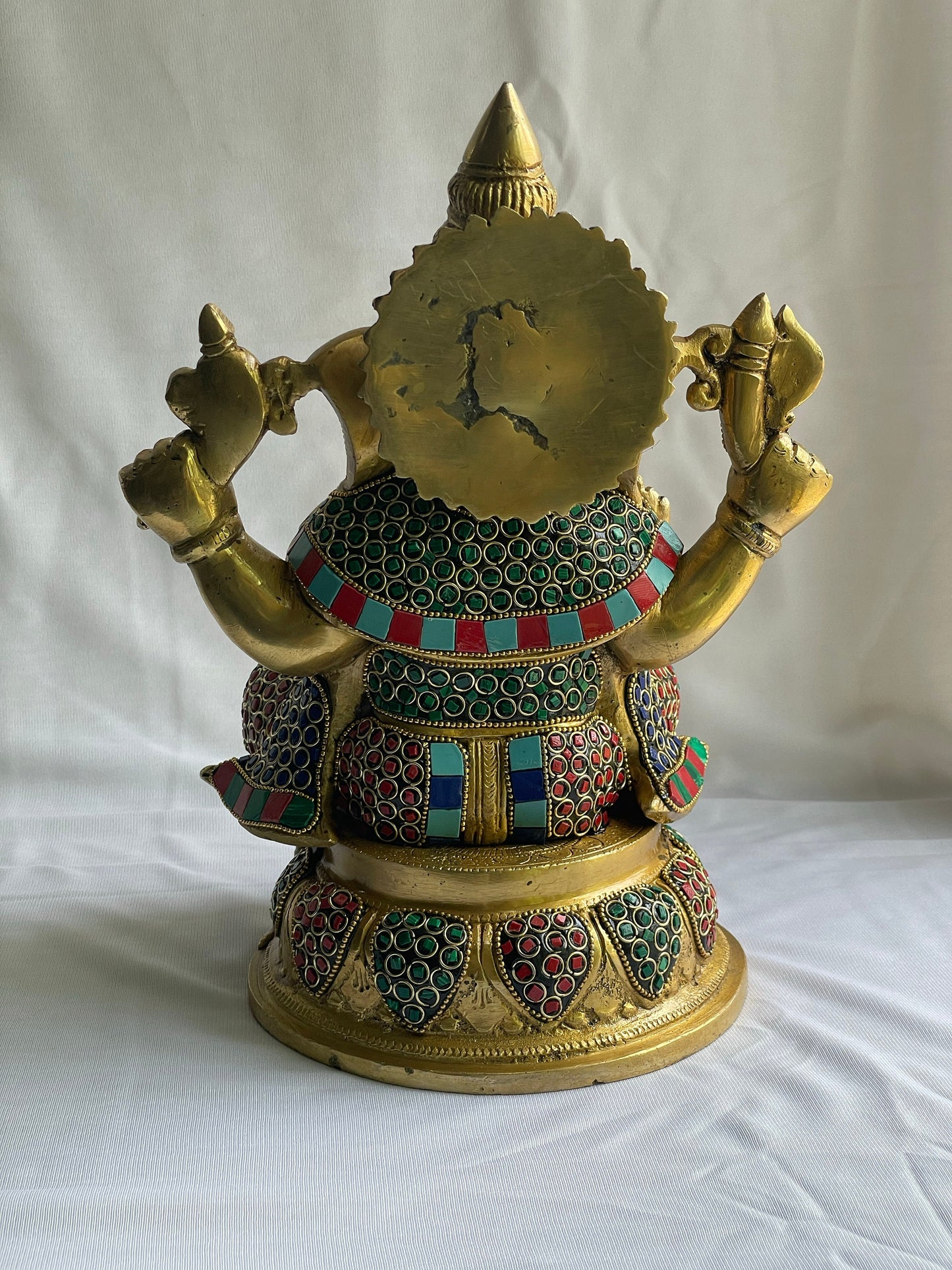11" Vibrant Brass Lord Ganesha Statue with Colorful Stone Inlay - Traditional Hindu God Sculpture