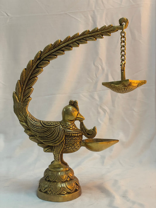 12" Handcrafted Indian Brass Peacock Oil Lamp