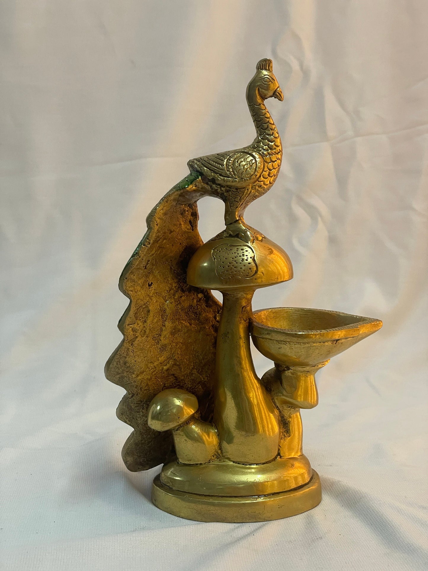 9" (set of two) Handcrafted Indian Brass Peacock Oil Lamp- Hand-painted