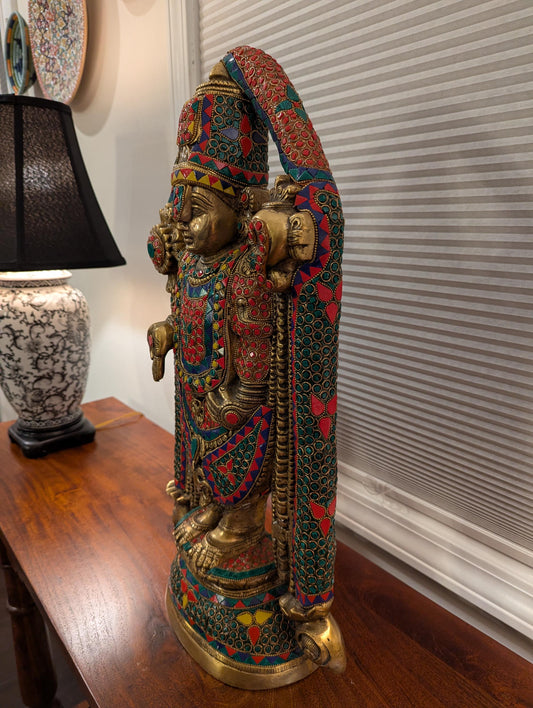 Handcrafted Colored Stone Brass Lord Venkateswara Statue – Tirupati Balaji Idol | Traditional Temple Decor | Hindu Spiritual Gift