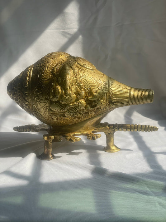 6.5" Handcrafted Indian Brass Shankh with Ganesha Engraving