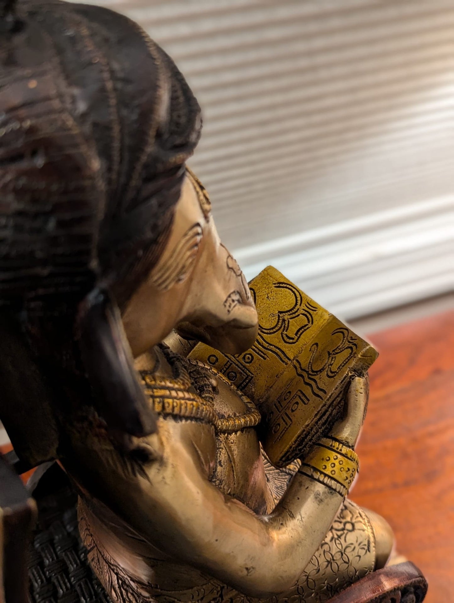 17" Handcrafted Indian Brass Ganesha Statue Reading in Rocking Chair