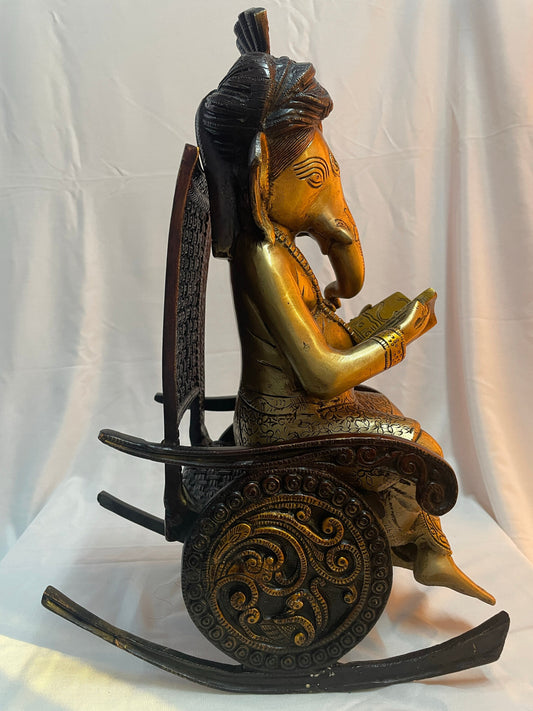 17" Handcrafted Indian Brass Ganesha Statue Reading in Rocking Chair