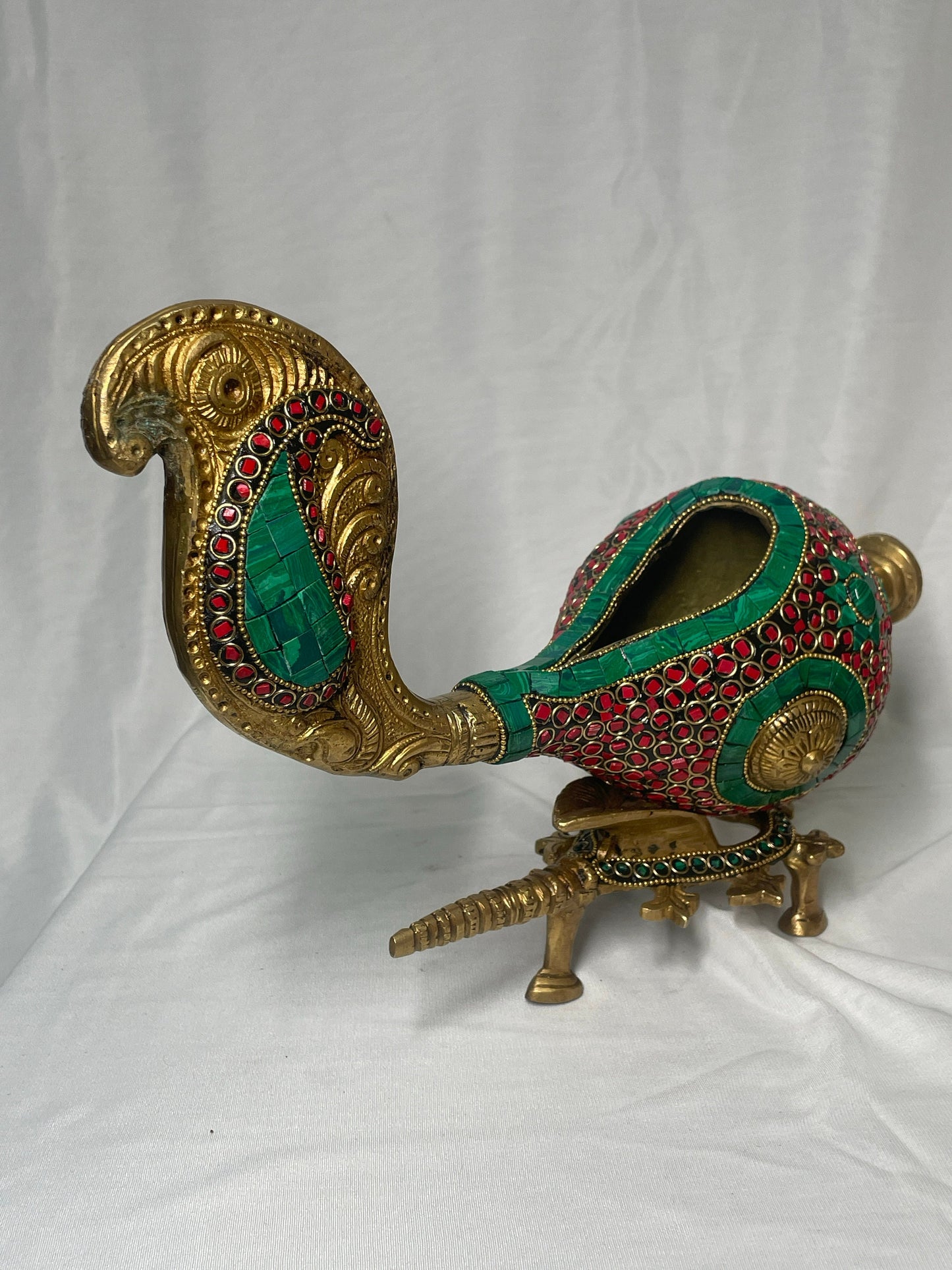 9.5" Handcrafted Indian Brass Shankh with Colorful Stone Inlay