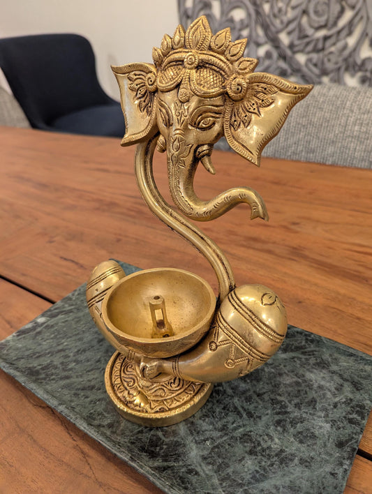 Handcrafted Brass Ganesha Diya – Traditional Indian Oil Lamp | Hindu Pooja Decor | Auspicious Gift - No Base and Candle Included