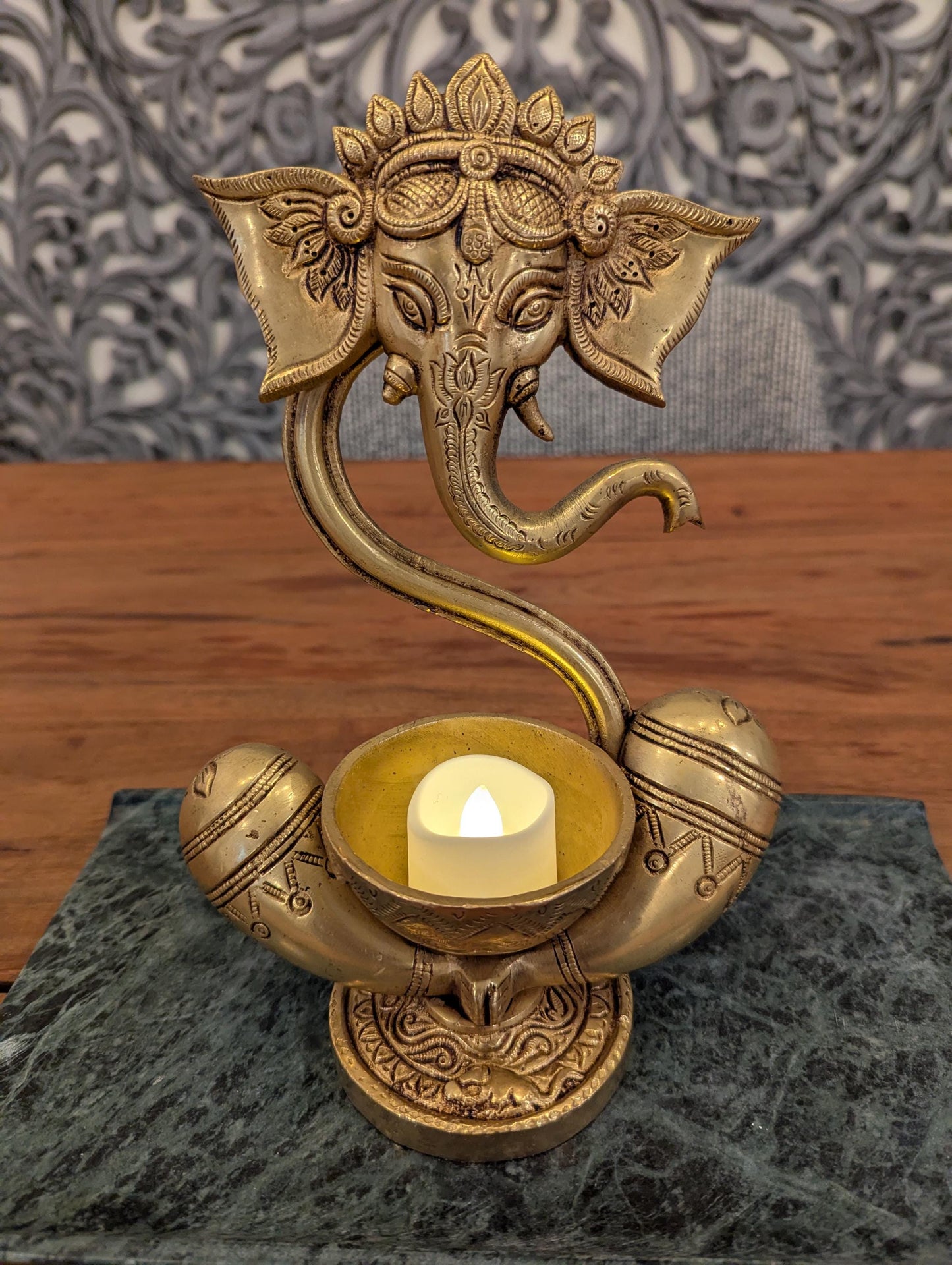 Handcrafted Brass Ganesha Diya β Traditional Indian Oil Lamp | Hindu Pooja Decor | Auspicious Gift - No Base and Candle Included