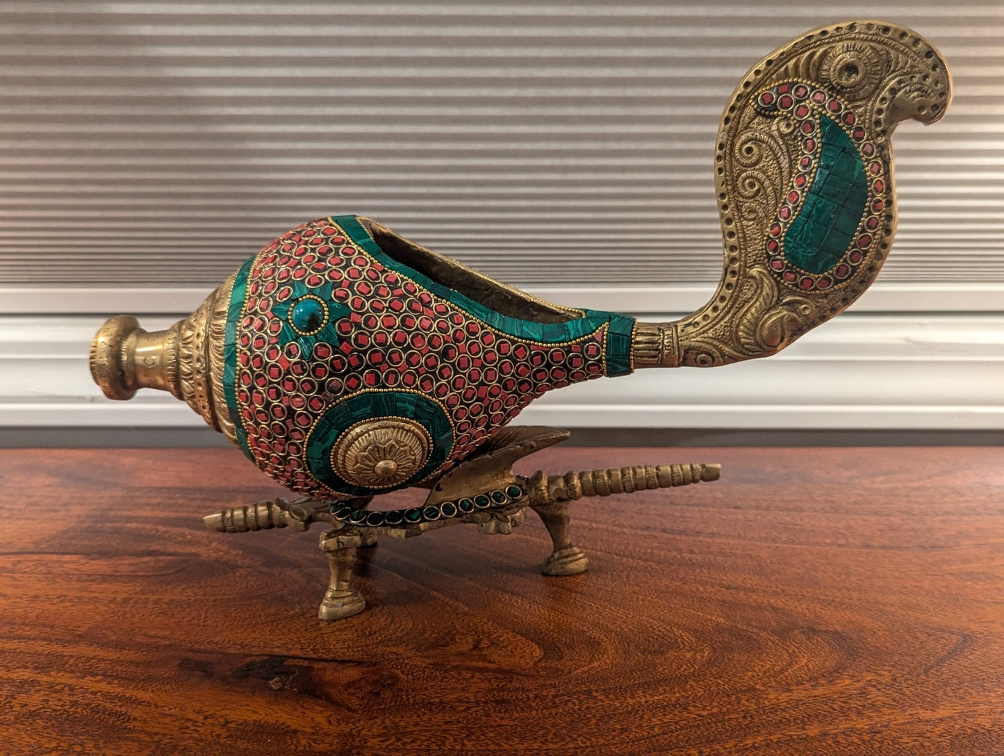 9.5" Handcrafted Indian Brass Shankh with Colorful Stone Inlay