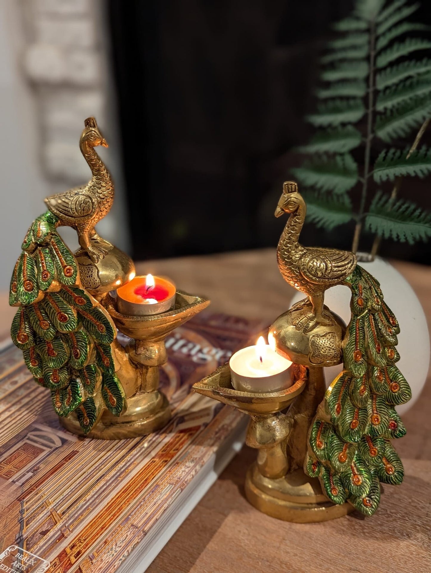 9" (set of two) Handcrafted Indian Brass Peacock Oil Lamp- Hand-painted