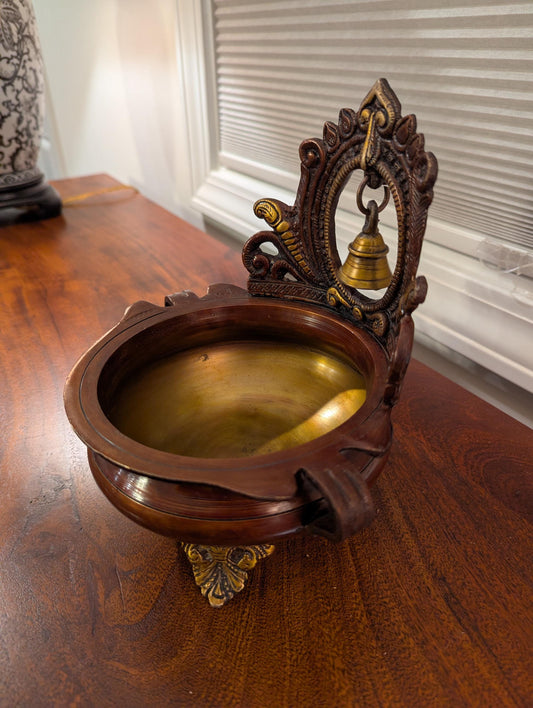 Handcrafted Brass & Wood Urli Bowl – Traditional Indian Pooja Decor | Auspicious Floating Diya Bowl