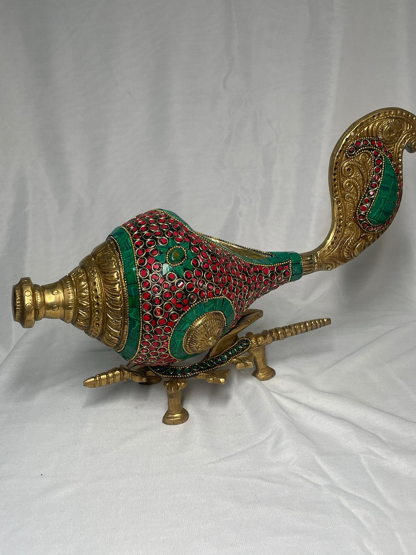 9.5" Handcrafted Indian Brass Shankh with Colorful Stone Inlay