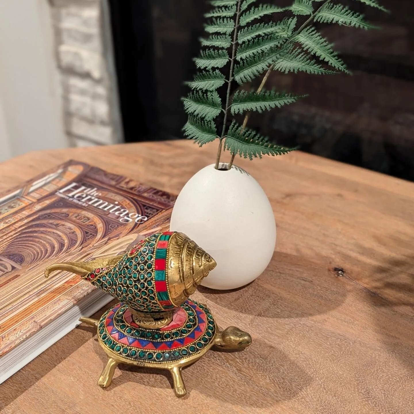 4.5" Handcrafted Indian Brass Shankh with Tortoise and Stone Work