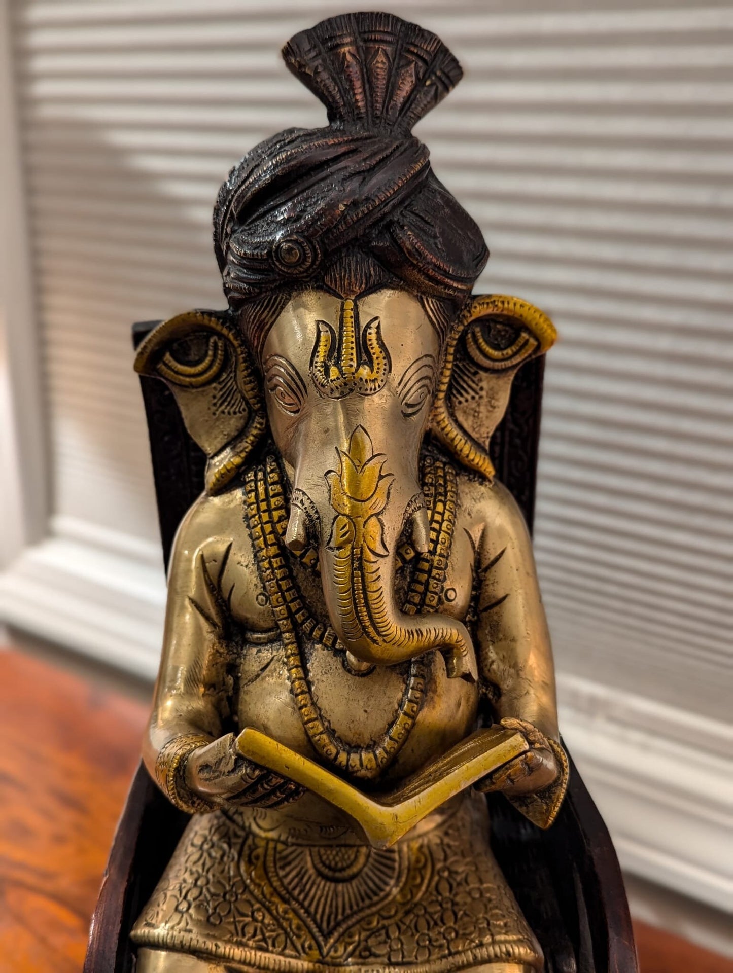 17" Handcrafted Indian Brass Ganesha Statue Reading in Rocking Chair