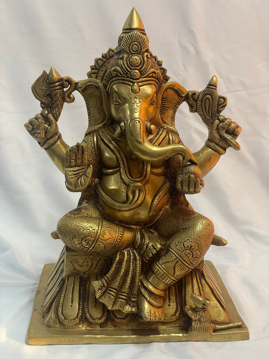 11" Exquisite Brass Lord Ganesha Statue - Traditional Hindu God Sculpture