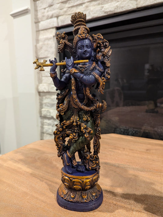 15" Handcrafted Krishna Idol – Intricately Designed Brass Statue | Divine Home Décor