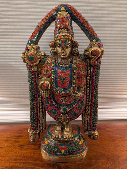 Handcrafted Colored Stone Brass Lord Venkateswara Statue – Tirupati Balaji Idol | Traditional Temple Decor | Hindu Spiritual Gift