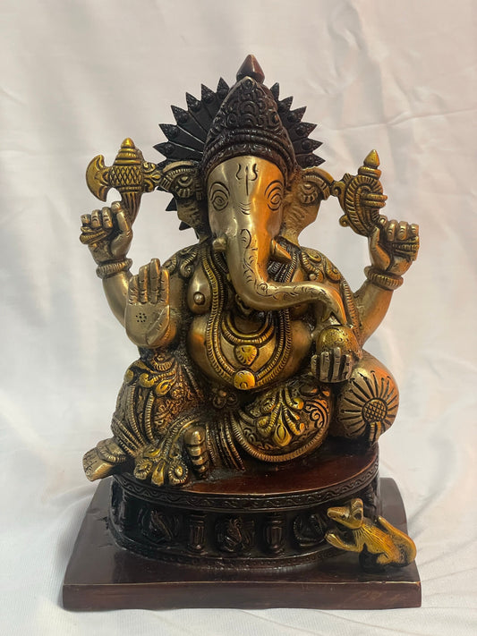 9.5" Elegant Brass Lord Ganesha Statue with Antique Finish - Traditional Hindu God Sculpture
