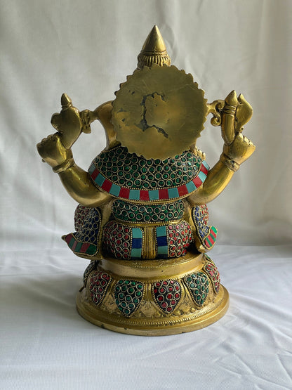 11" Vibrant Brass Lord Ganesha Statue with Colorful Stone Inlay - Traditional Hindu God Sculpture