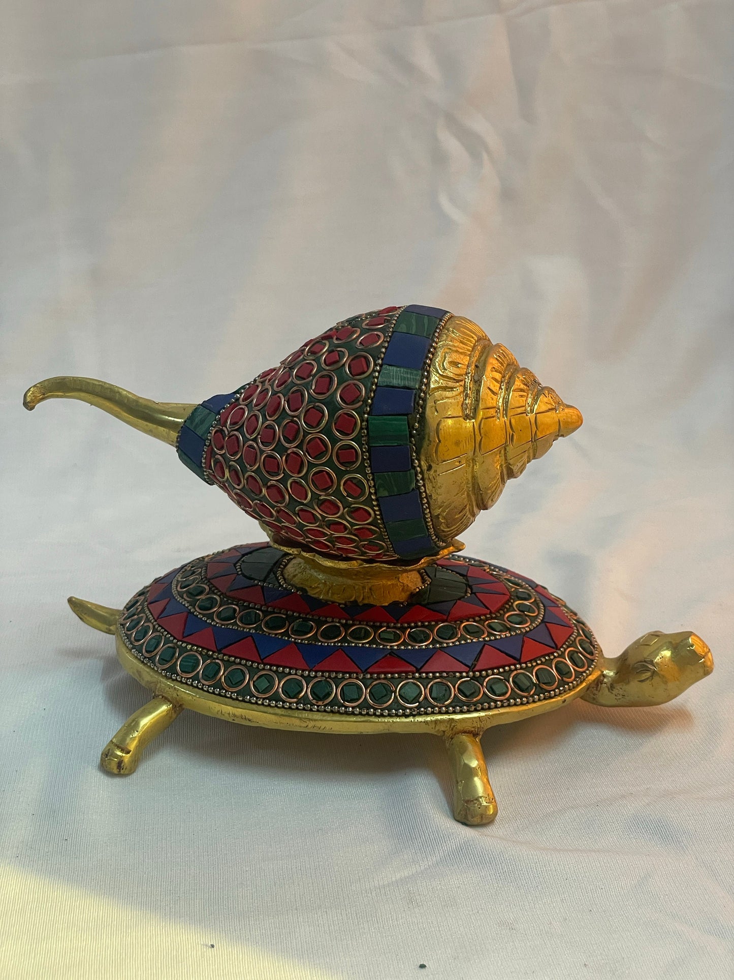 4.5" Handcrafted Indian Brass Shankh with Tortoise and Stone Work