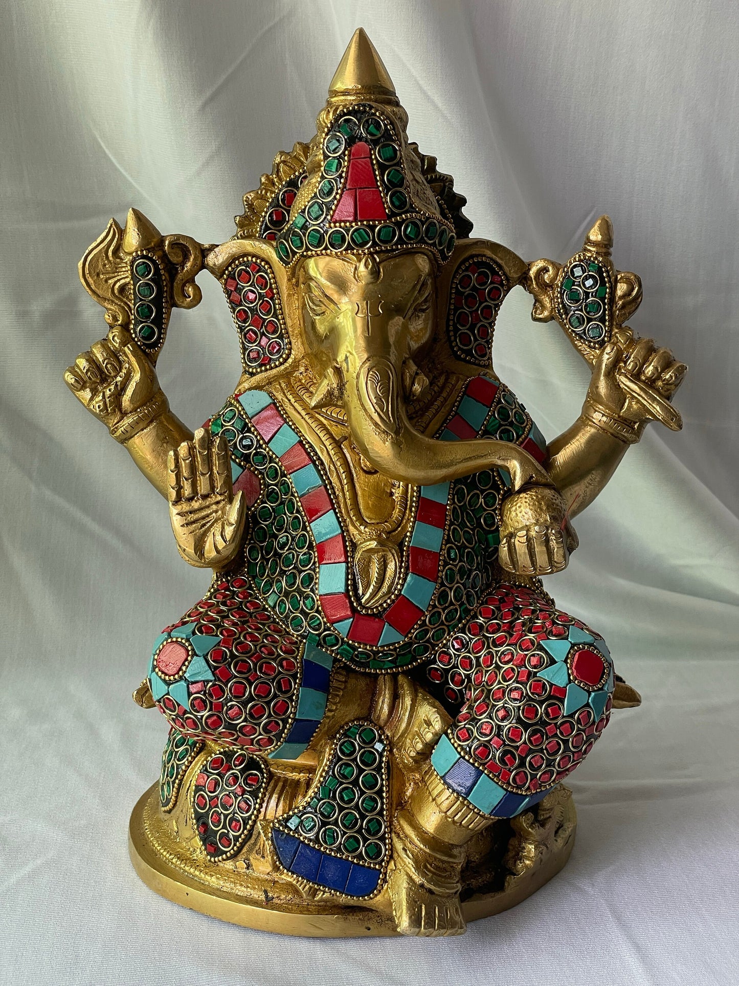 11" Vibrant Brass Lord Ganesha Statue with Colorful Stone Inlay - Traditional Hindu God Sculpture