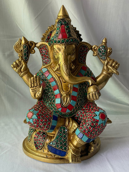 11" Vibrant Brass Lord Ganesha Statue with Colorful Stone Inlay - Traditional Hindu God Sculpture