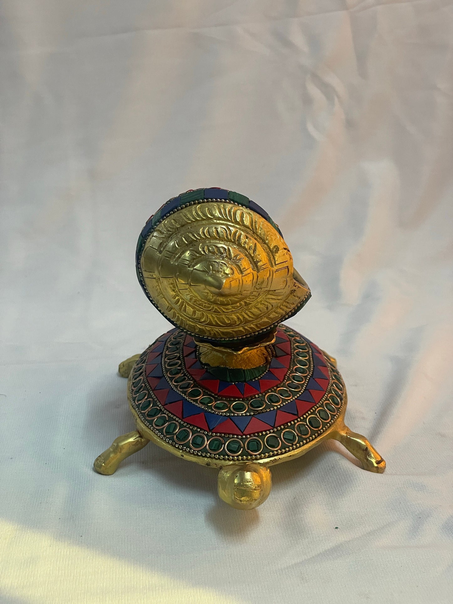 4.5" Handcrafted Indian Brass Shankh with Tortoise and Stone Work