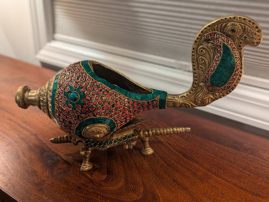 9.5" Handcrafted Indian Brass Shankh with Colorful Stone Inlay