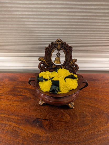 Handcrafted Brass & Wood Urli Bowl – Traditional Indian Pooja Decor | Auspicious Floating Diya Bowl