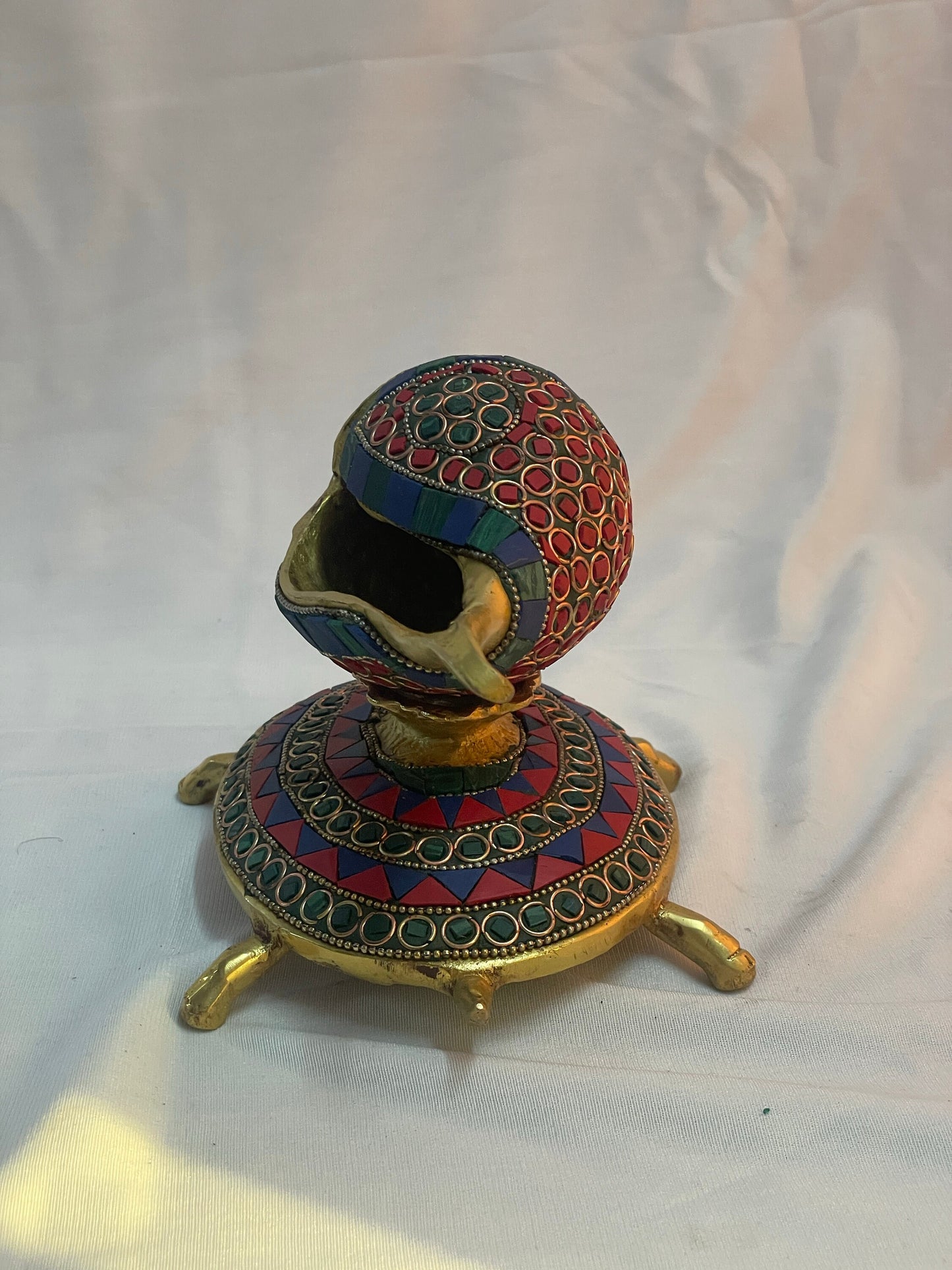 4.5" Handcrafted Indian Brass Shankh with Tortoise and Stone Work