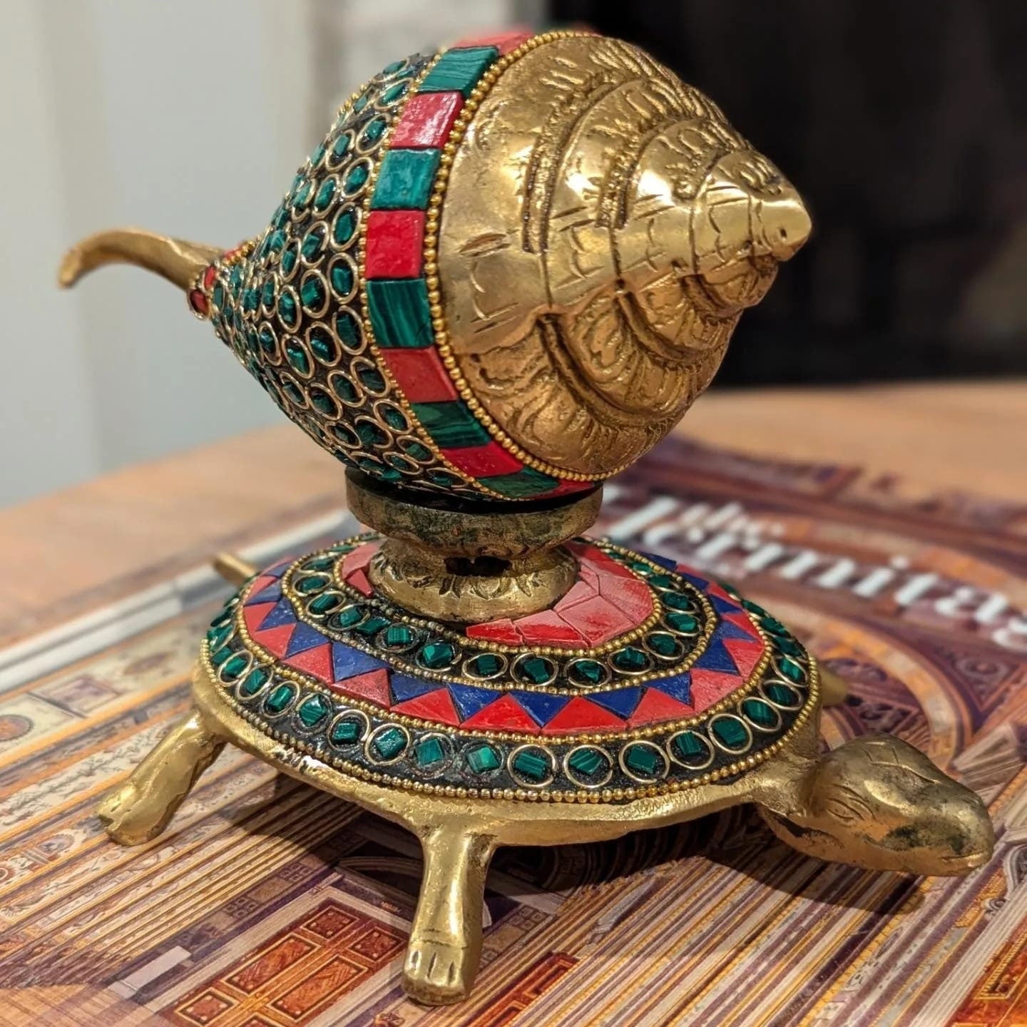 4.5" Handcrafted Indian Brass Shankh with Tortoise and Stone Work