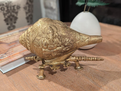 6.5" Handcrafted Indian Brass Shankh with Ganesha Engraving