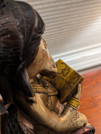 17" Handcrafted Indian Brass Ganesha Statue Reading in Rocking Chair
