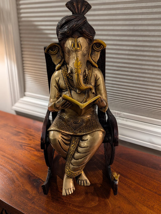17" Handcrafted Indian Brass Ganesha Statue Reading in Rocking Chair