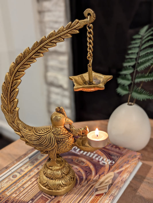 12" Handcrafted Indian Brass Peacock Oil Lamp