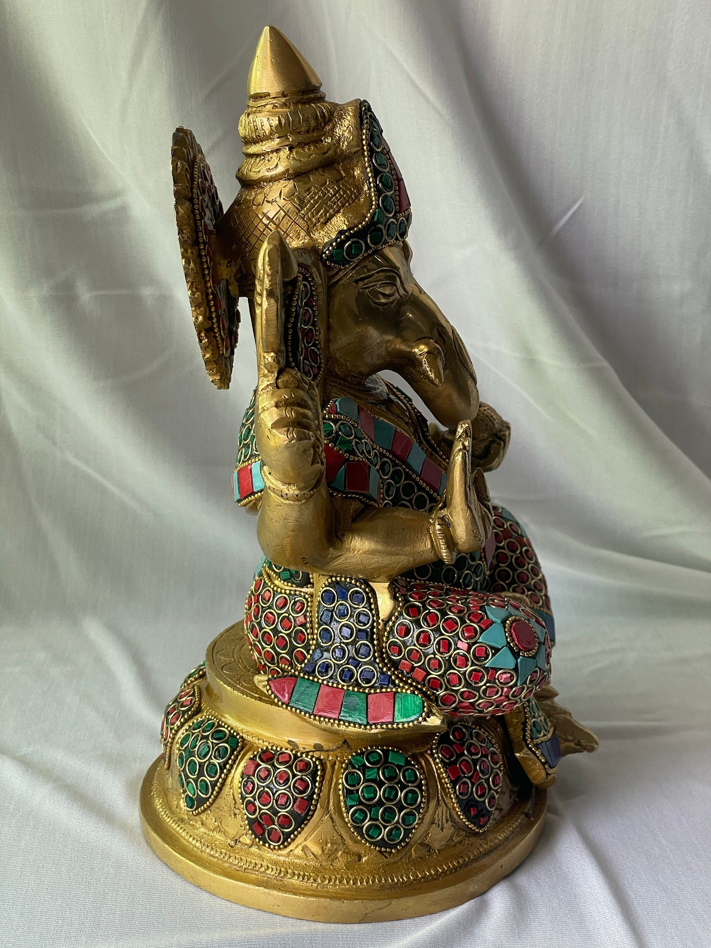 11" Vibrant Brass Lord Ganesha Statue with Colorful Stone Inlay - Traditional Hindu God Sculpture