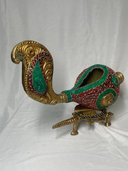 9.5" Handcrafted Indian Brass Shankh with Colorful Stone Inlay