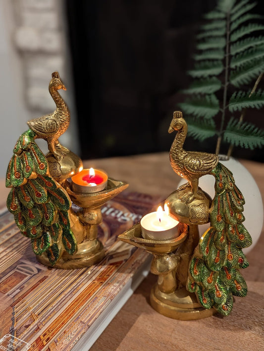 9" (set of two) Handcrafted Indian Brass Peacock Oil Lamp- Hand-painted
