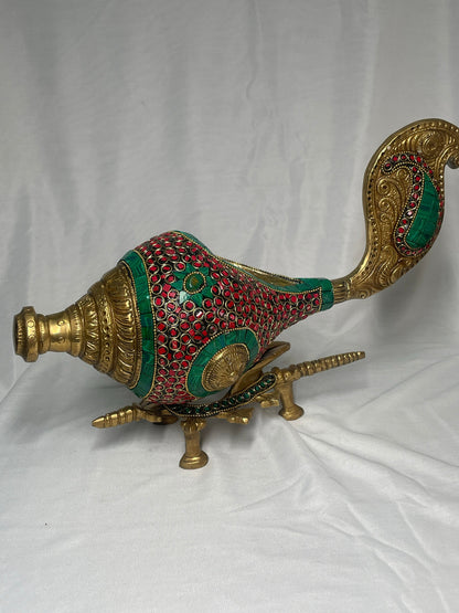 9.5" Handcrafted Indian Brass Shankh with Colorful Stone Inlay