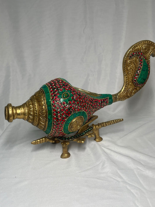 9.5" Handcrafted Indian Brass Shankh with Colorful Stone Inlay