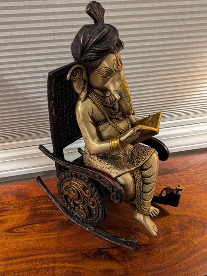 17" Handcrafted Indian Brass Ganesha Statue Reading in Rocking Chair